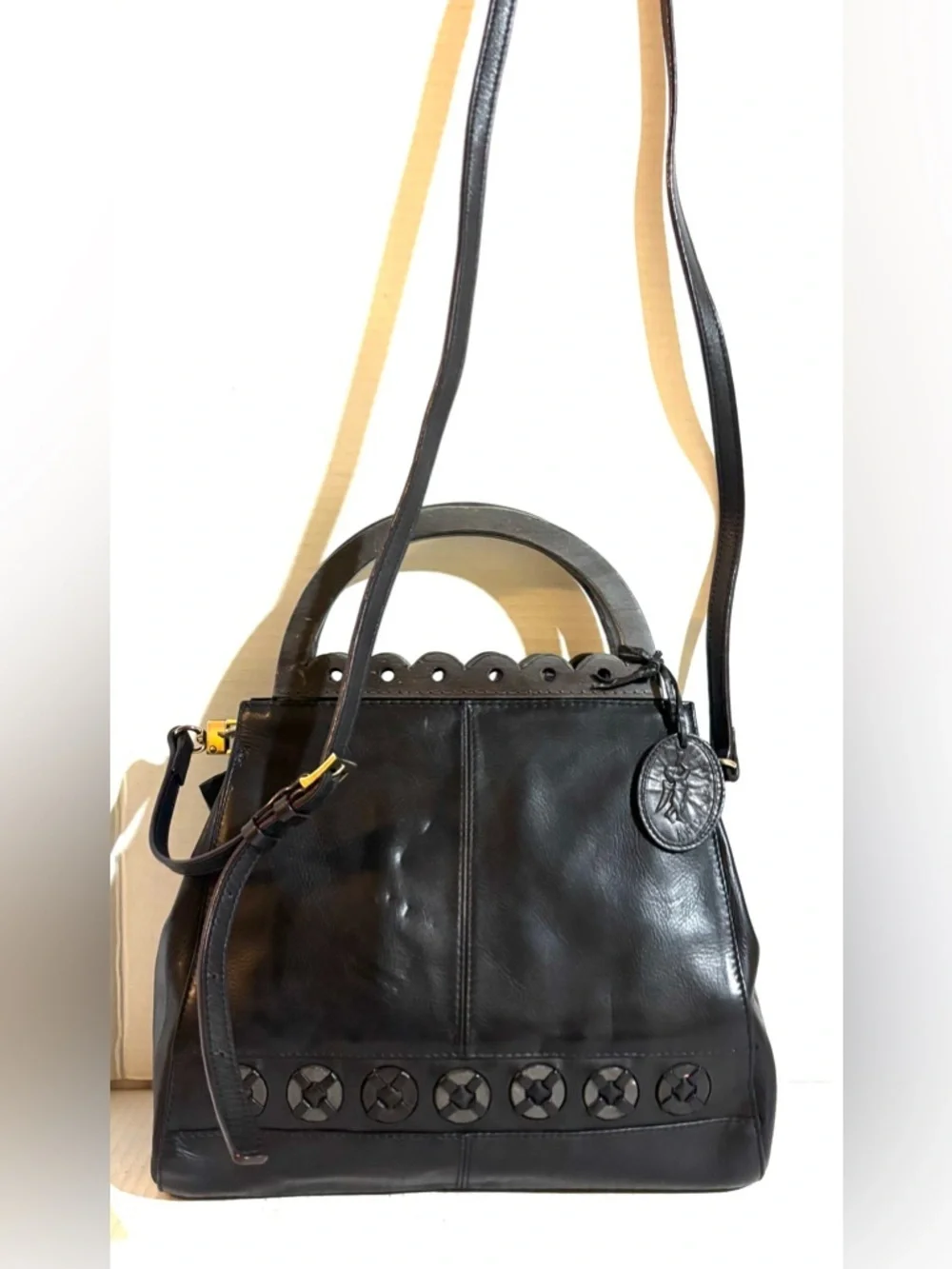 Black Leather Top-Handle Crossbody Bag